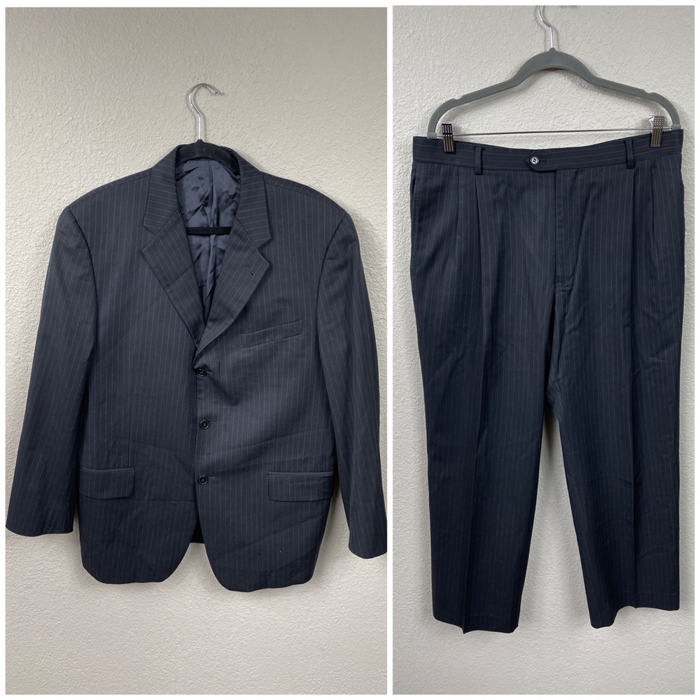 Joseph Abboud Black Pinstripe Suit Business Formal Wool Sz 42S Jacket 36 Pants